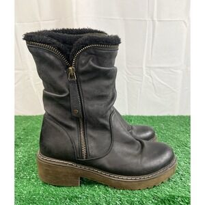 Coolway Women's Black Leather Ankle Zip Up Boots SZ 6 Faux Fur Lined Moto Slouch